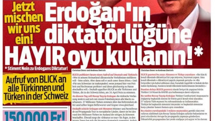 İşviçre gazetesi BLİCK'den Türkçe HAYIR manşeti