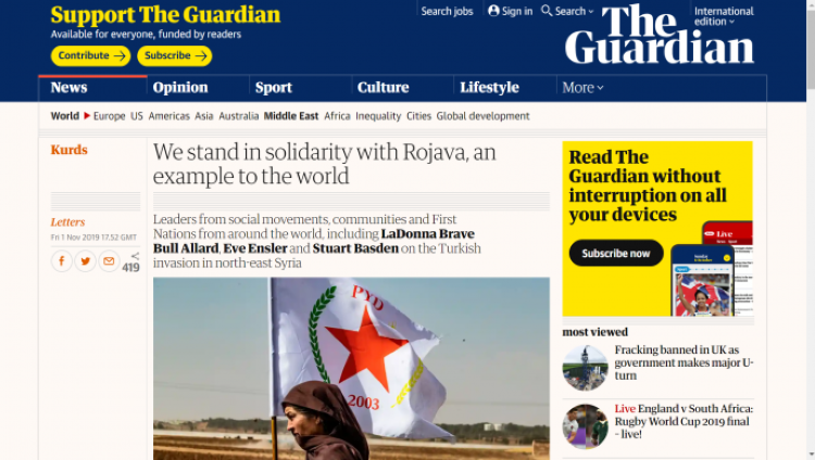 The Guardian’da ‘Rojava’ mektubu